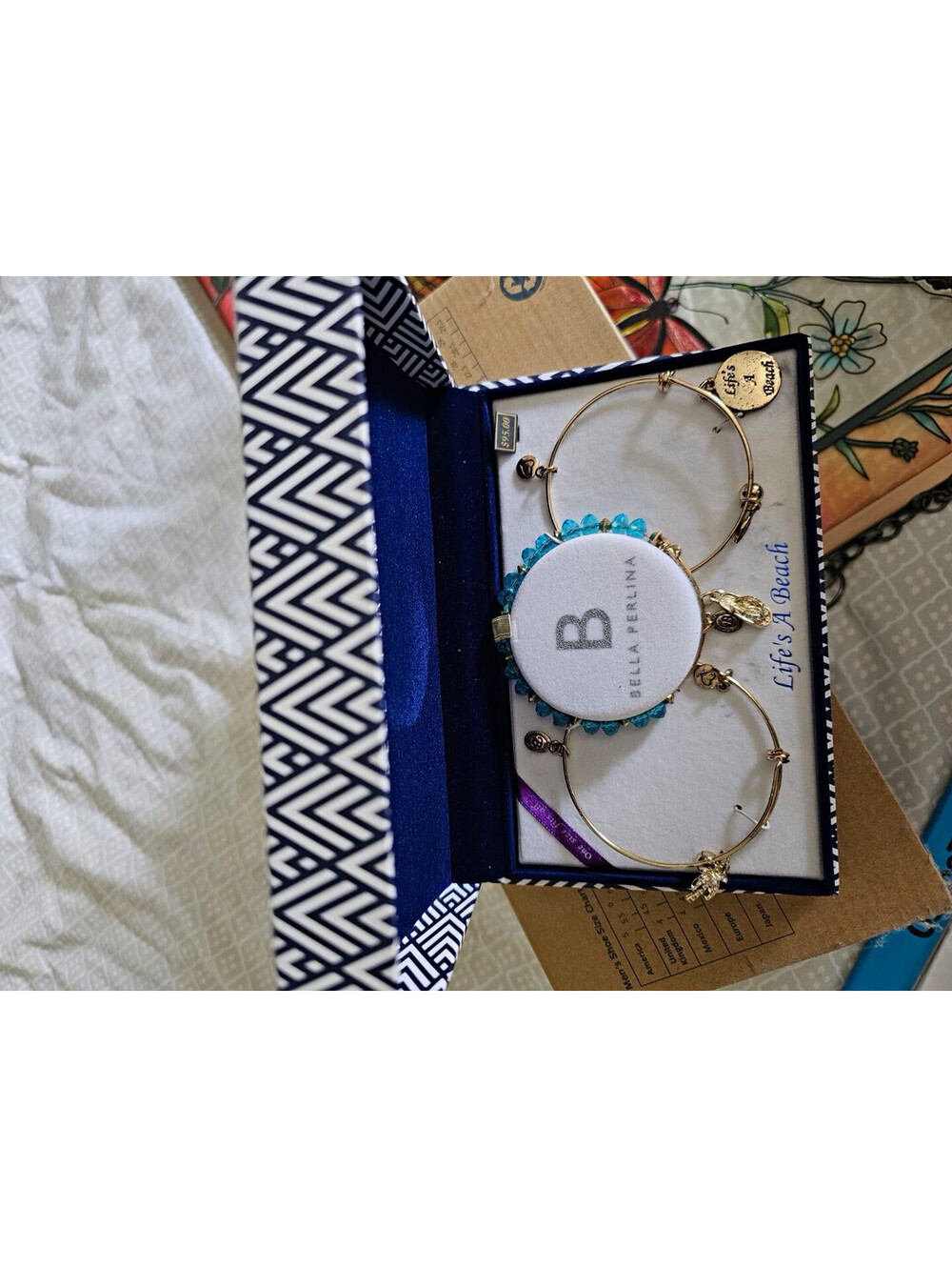 Bella Perlina Gold Tone Round Hoop Charm Dangle Earrings Blue Beads Beach Theme